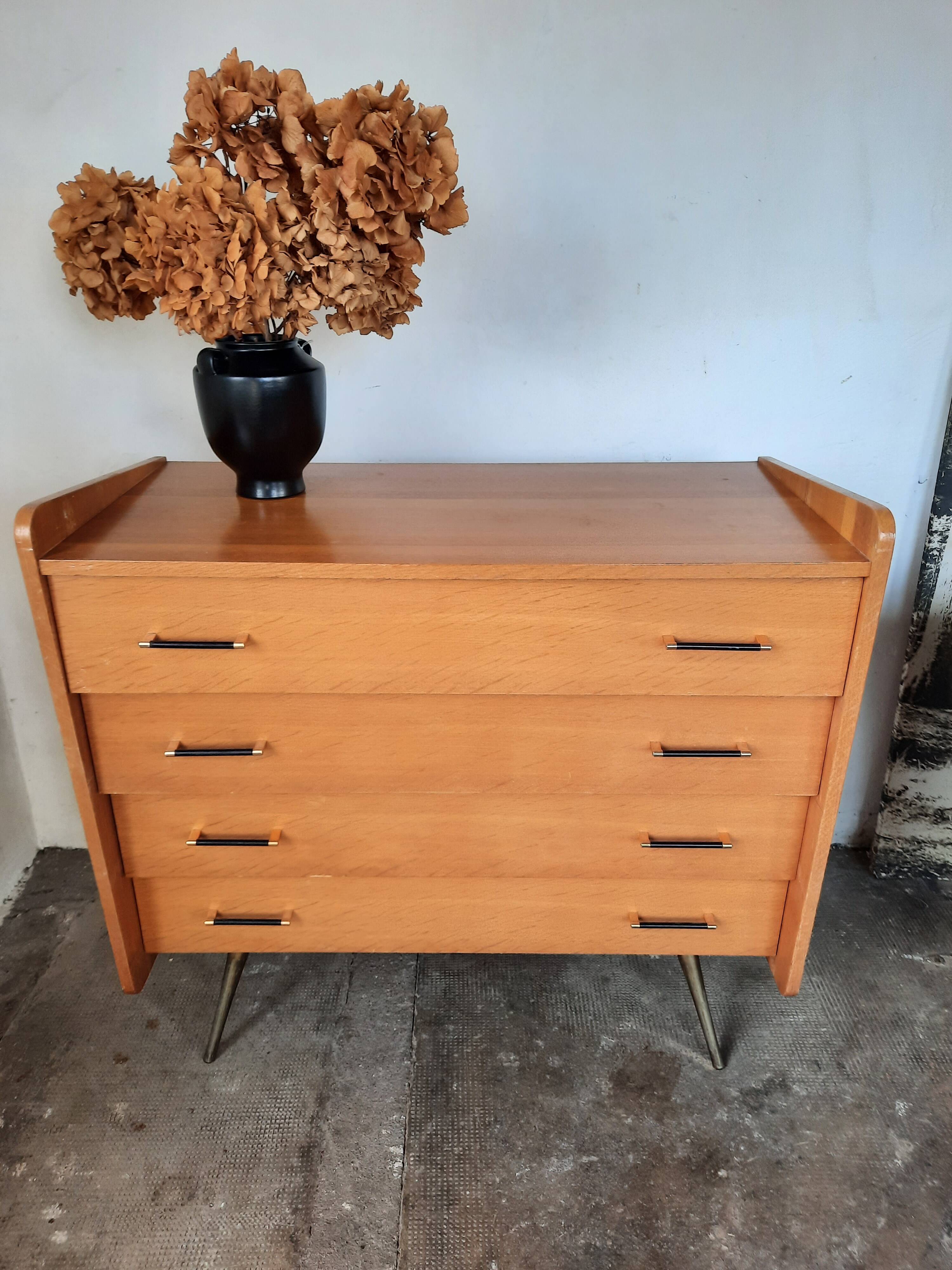 Vintage light oak chest of drawers, brass base