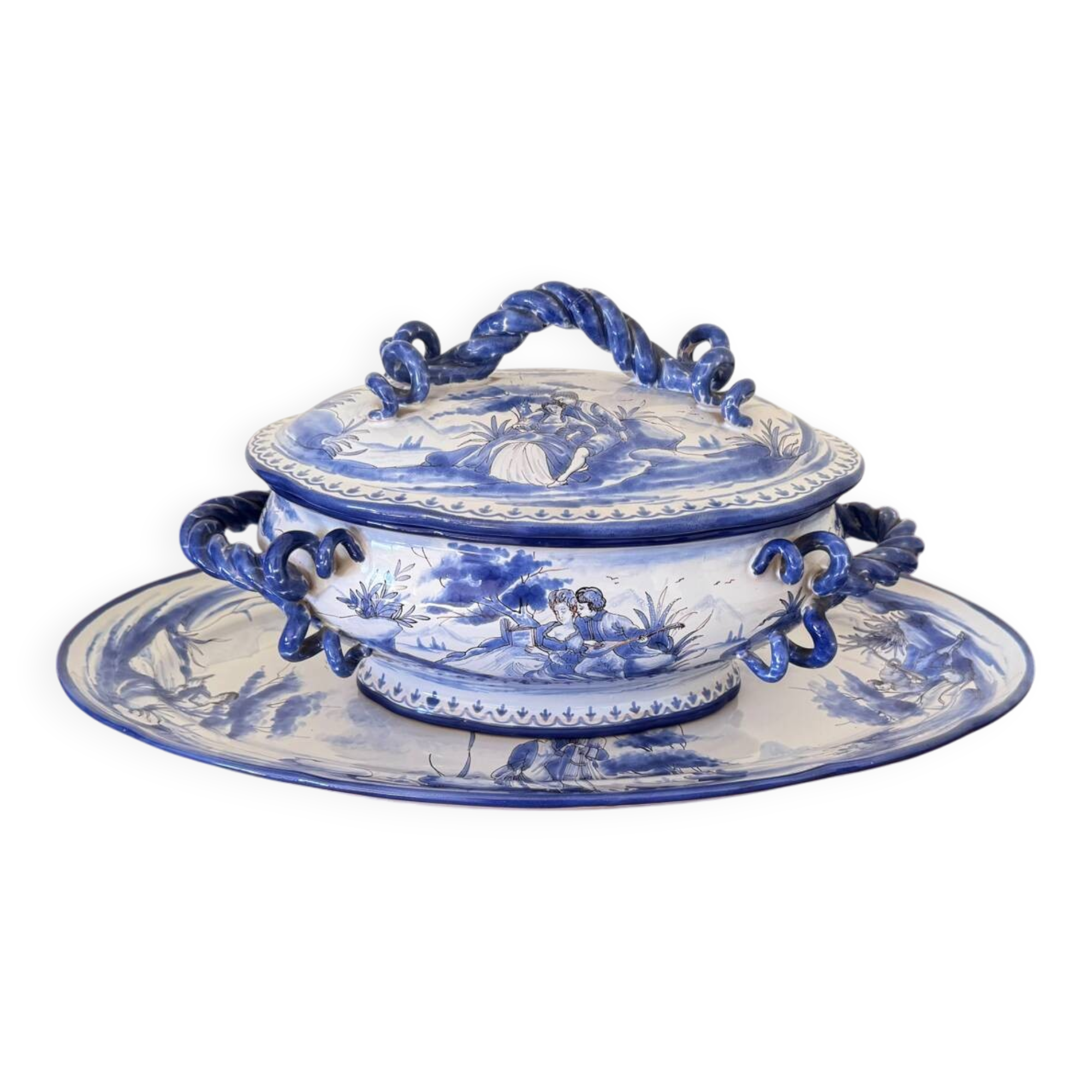 Antique blue faience soup tureen with stand.