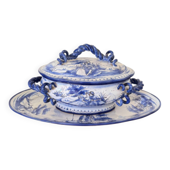 Antique blue faience soup tureen with stand.