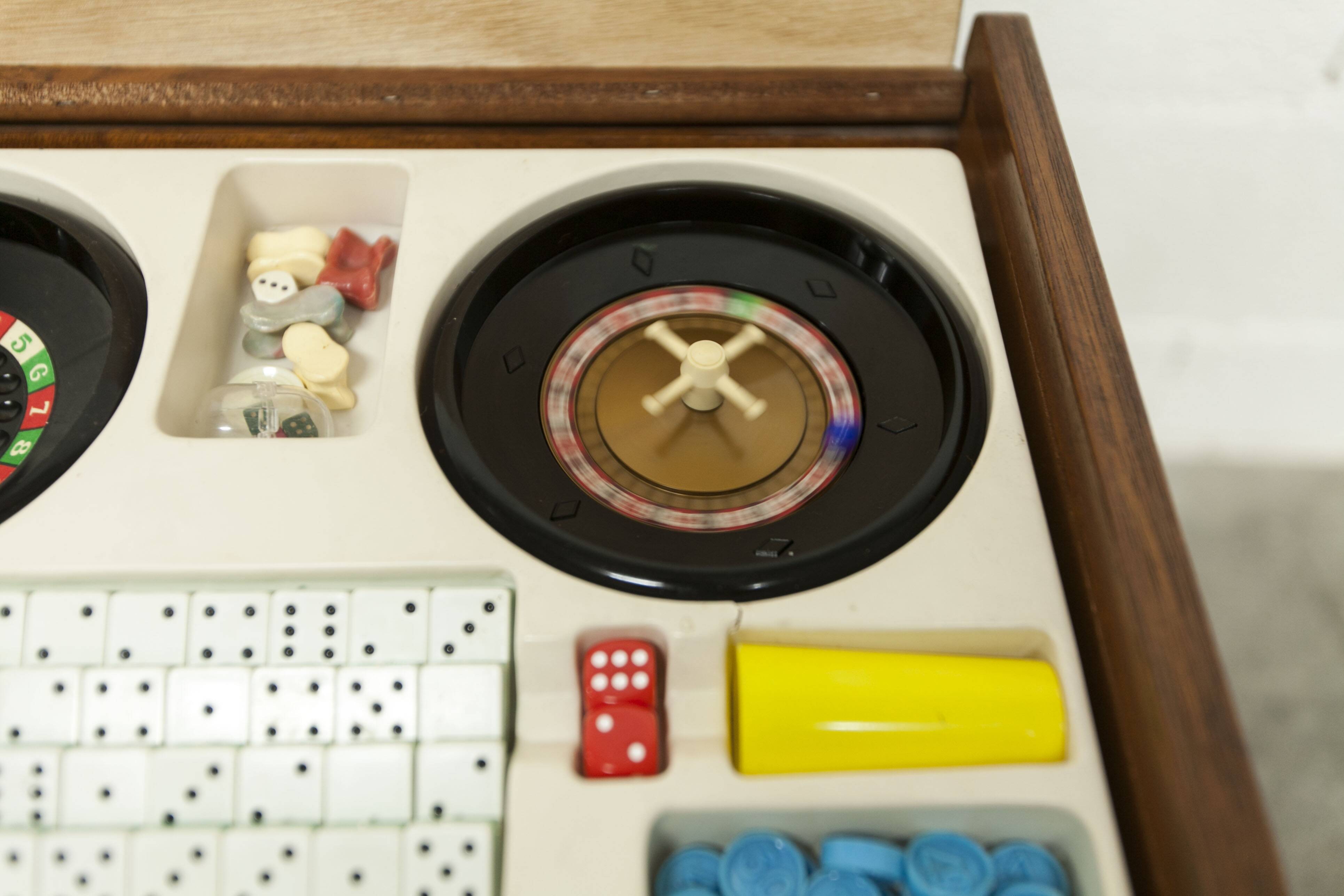 Unique 1960s bedside table with 15 complete games, compass legs, 1960s