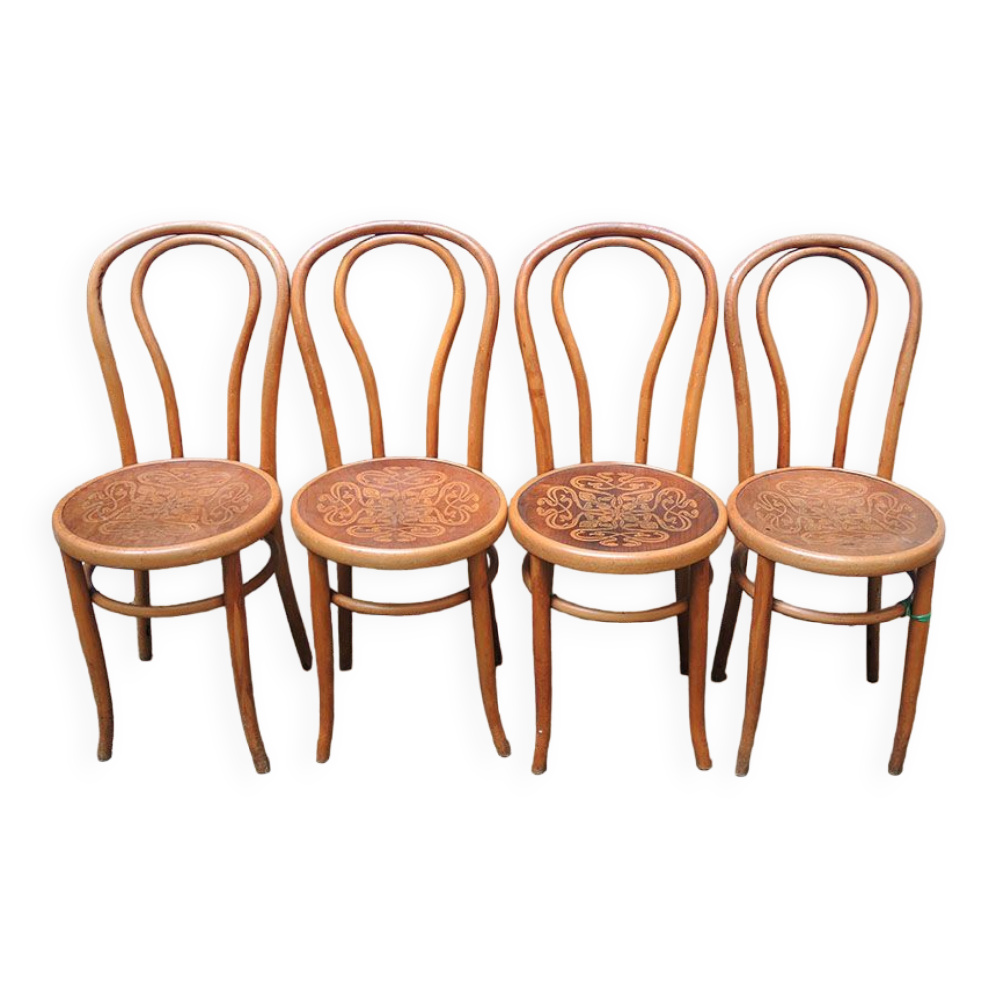 4 old fischel bentwood chairs and pyrograved pattern