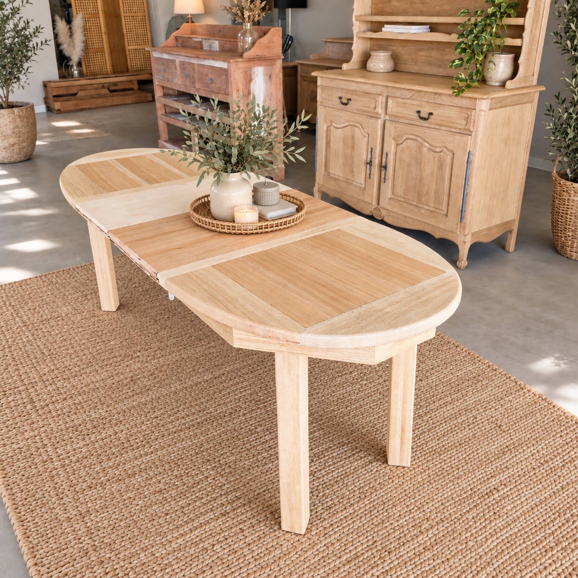Oval wooden table – 2 extensions – sandblasted & varnished