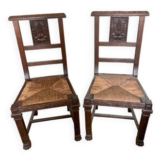 Chaises ancienne en bois sculpté et assise en paille