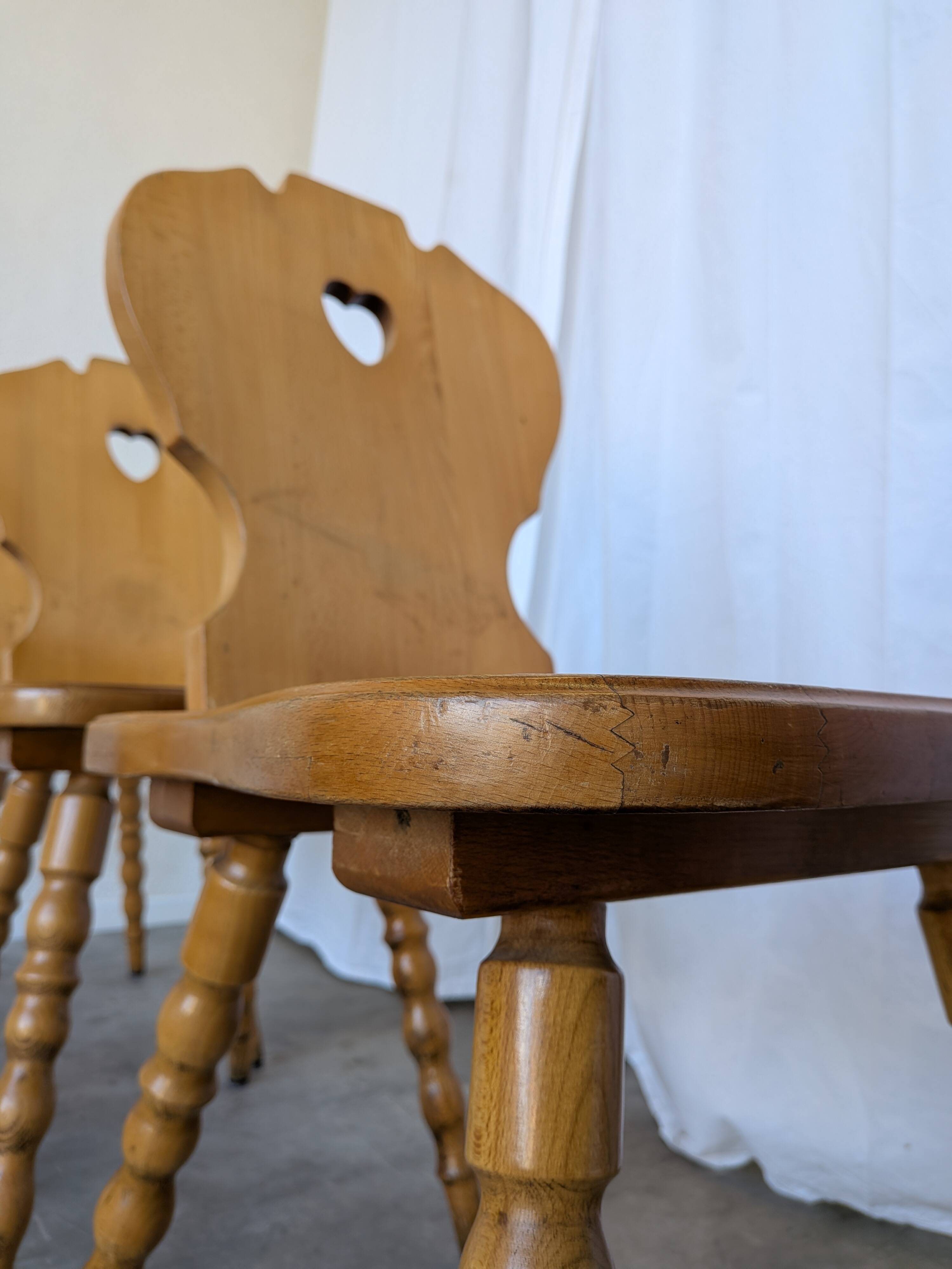 Set of 4 Vintage Tyrolean Heart Cutout Wooden Dining Chairs