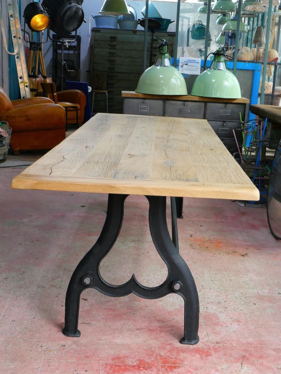 Industrial table solid oak tray and cast-iron footing