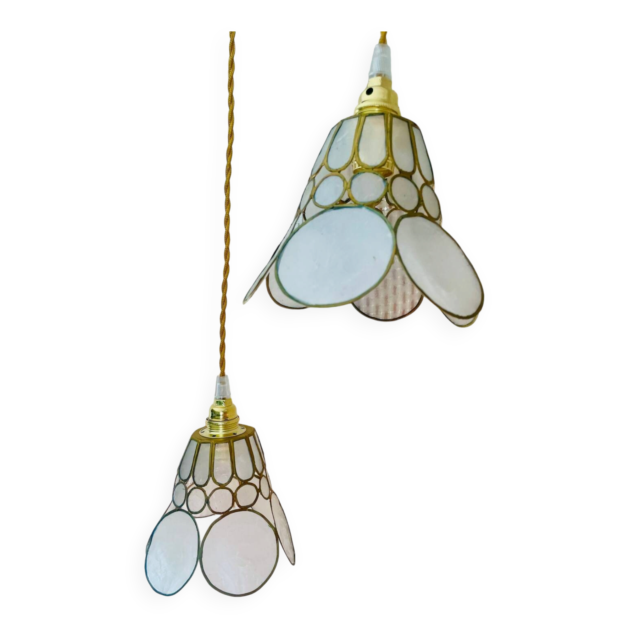 Pair of portable lamps with mother-of-pearl lampshades and brass.