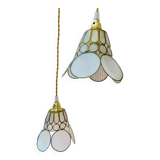 Pair of portable lamps with mother-of-pearl lampshades and brass.