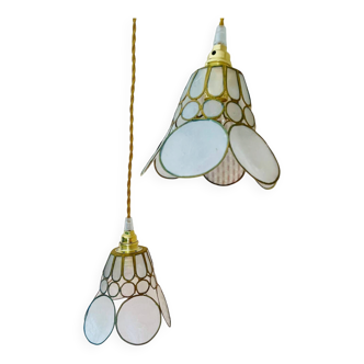Pair of portable lamps with mother-of-pearl lampshades and brass.