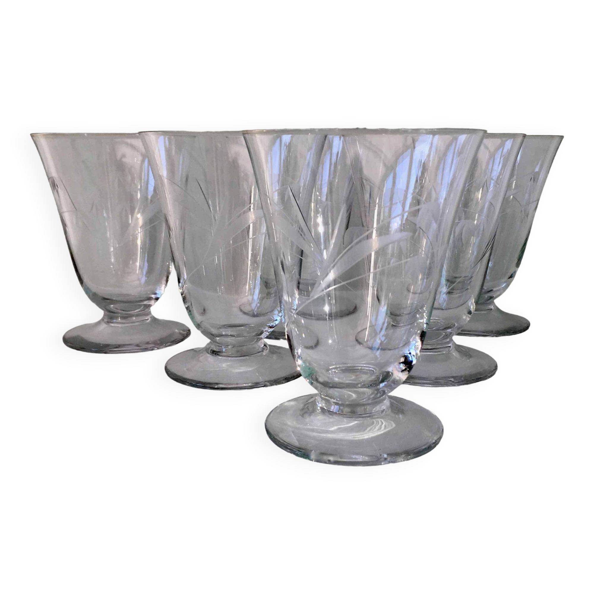 6 wine glasses carved with lily of the valley sprigs