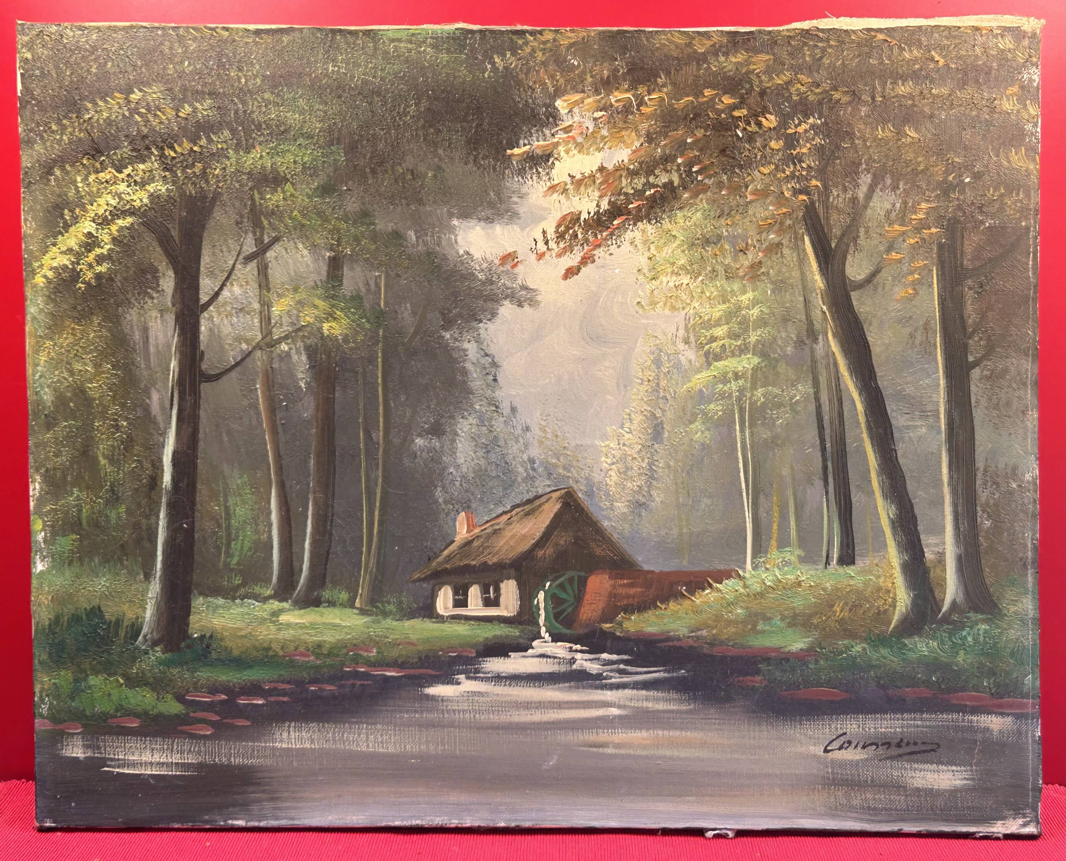 oil on canvas signature to be identified, Sawmill in the undergrowth