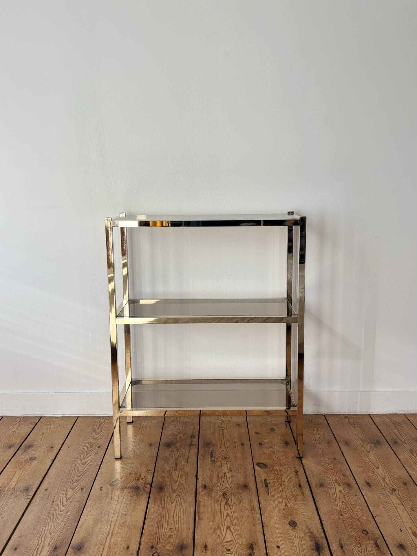 Brass and smoked glass library shelves