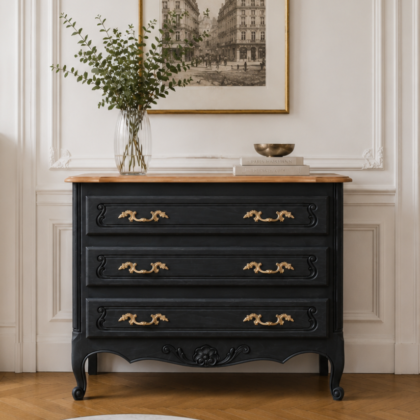 Louis XV style black commode with natural wood top – 3 drawers