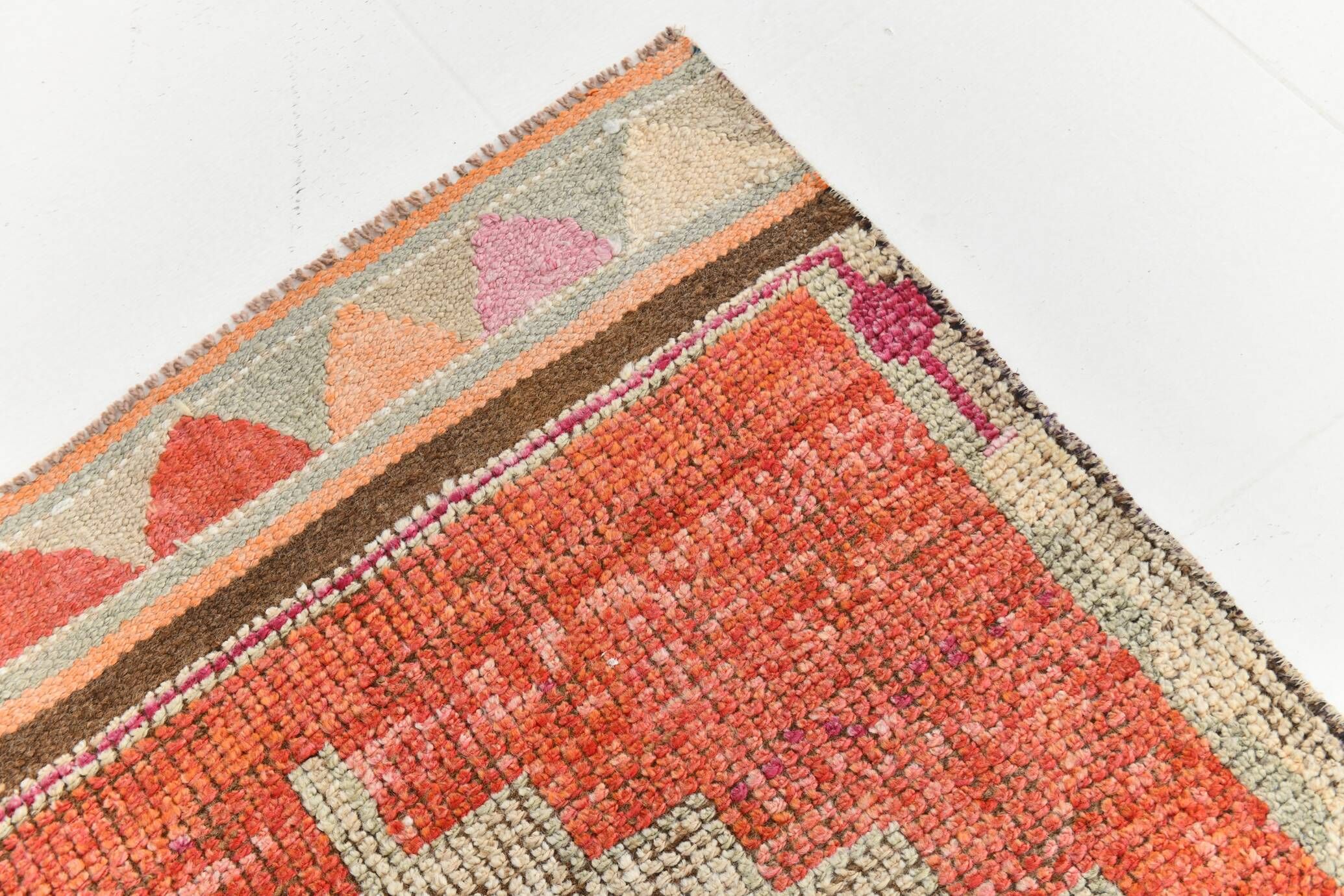 Tapis de couloir Oushak corail vintage, tapis turc ancien, 95x310 cm