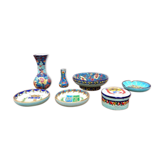 Set of 7 pieces of Longwy enamel