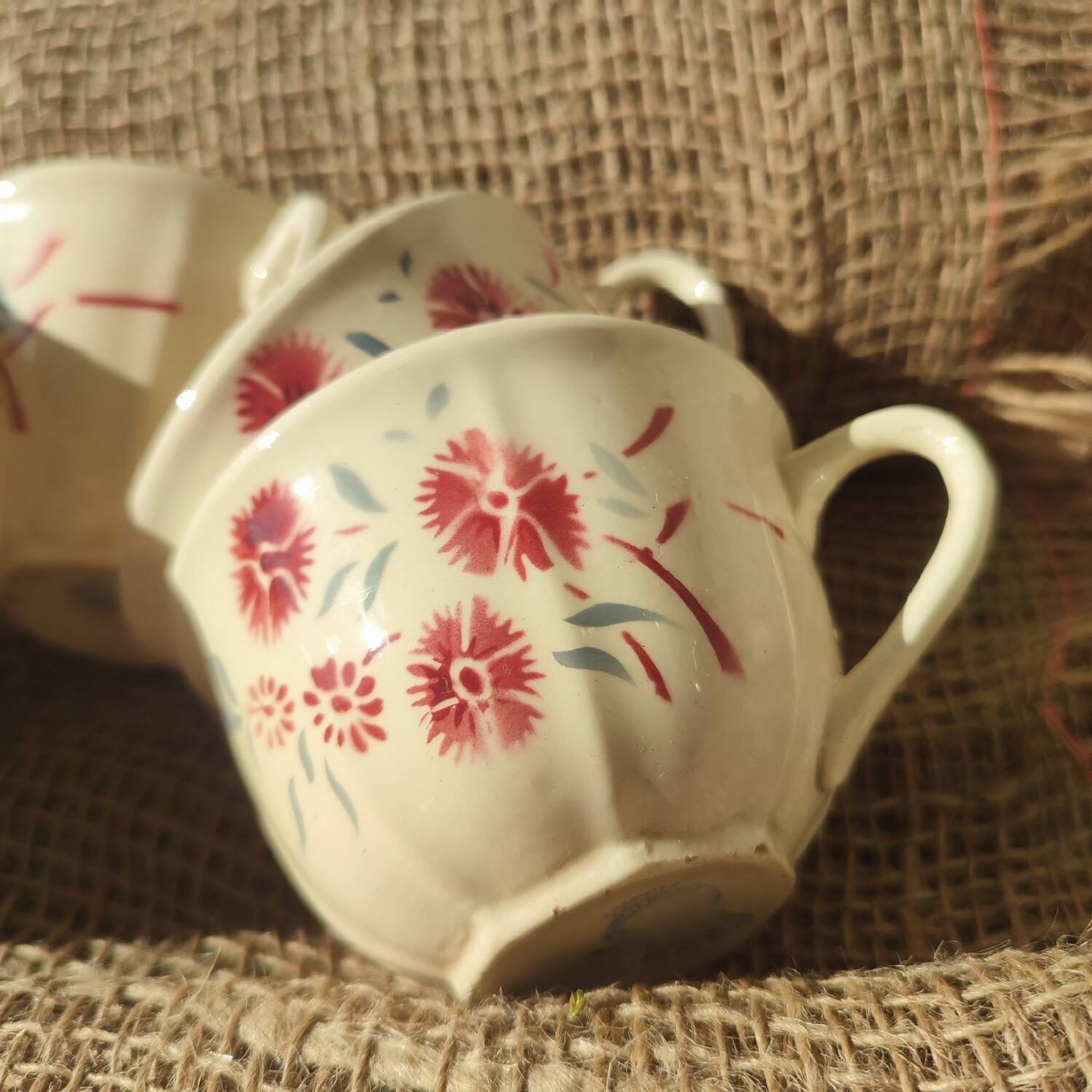 Set of 4 Badonviller Floral cups and a sugar bowl
