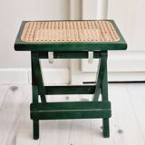 Small folding stool in green wood and cane