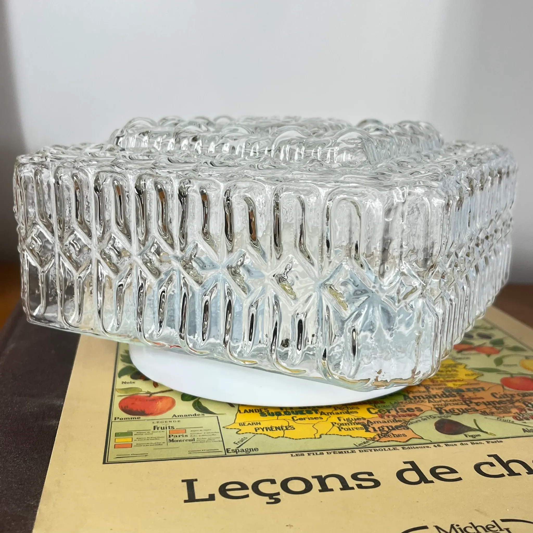 Old small square wall light ceiling fixture with transparent vintage glass.