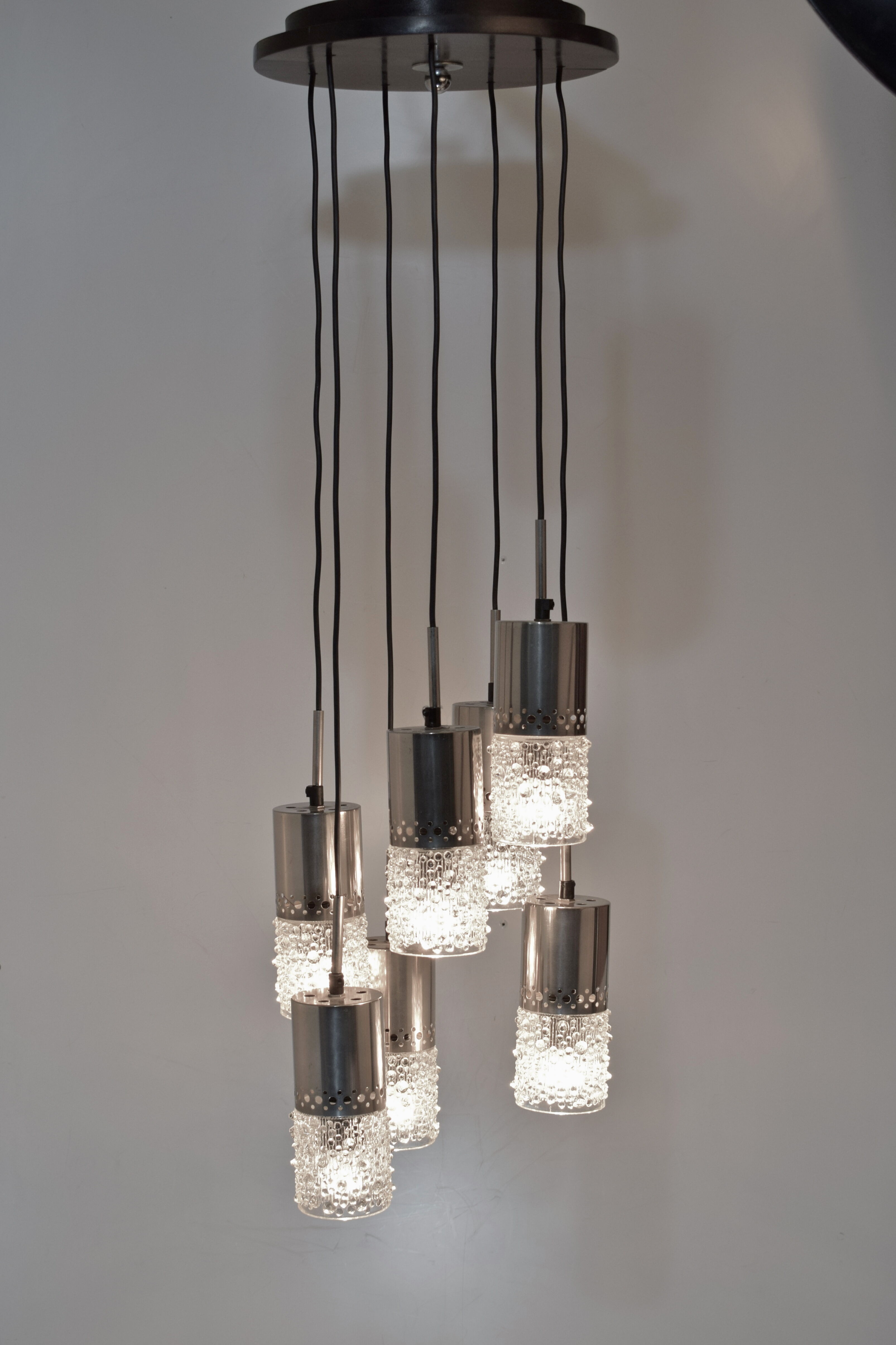 Vintage waterfall chandelier, 7 chrome and glass