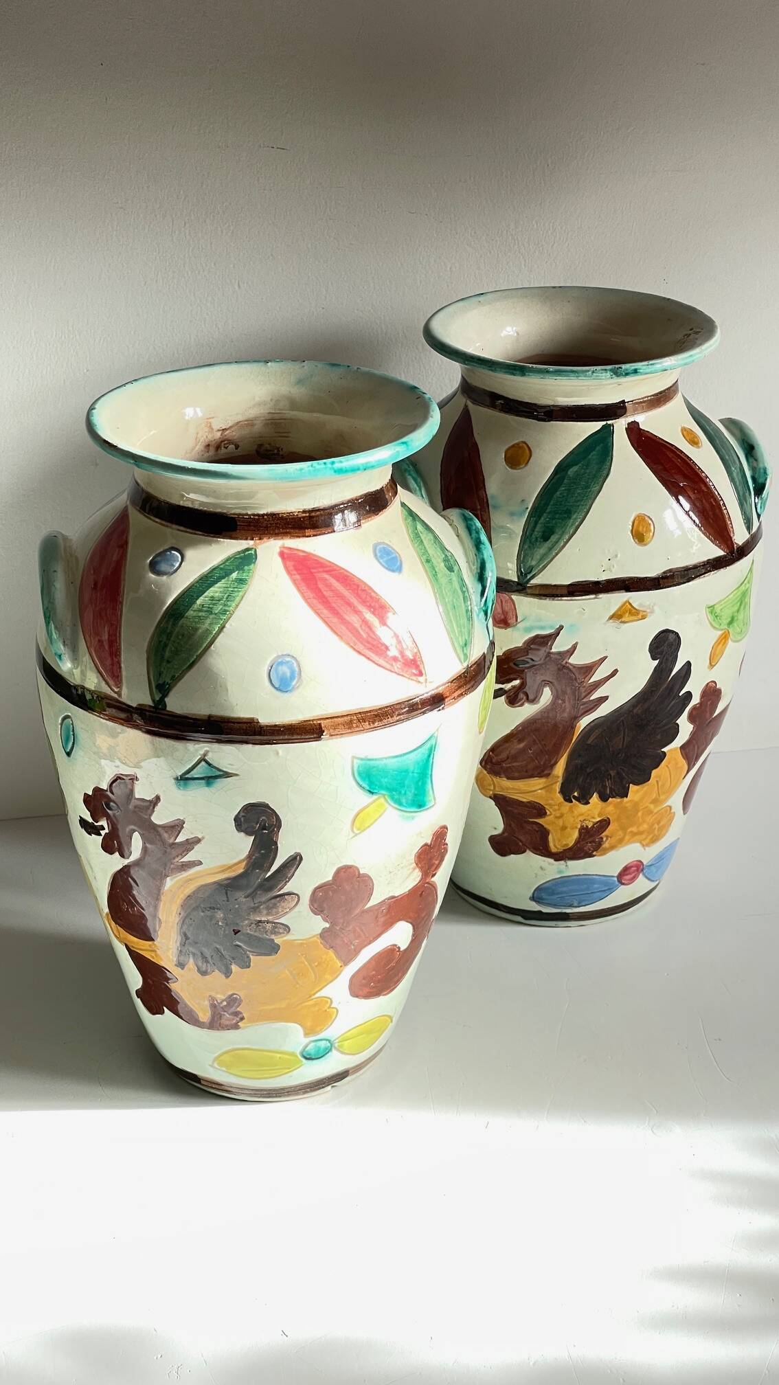 Italian Majolica Vases with Dragon Motif