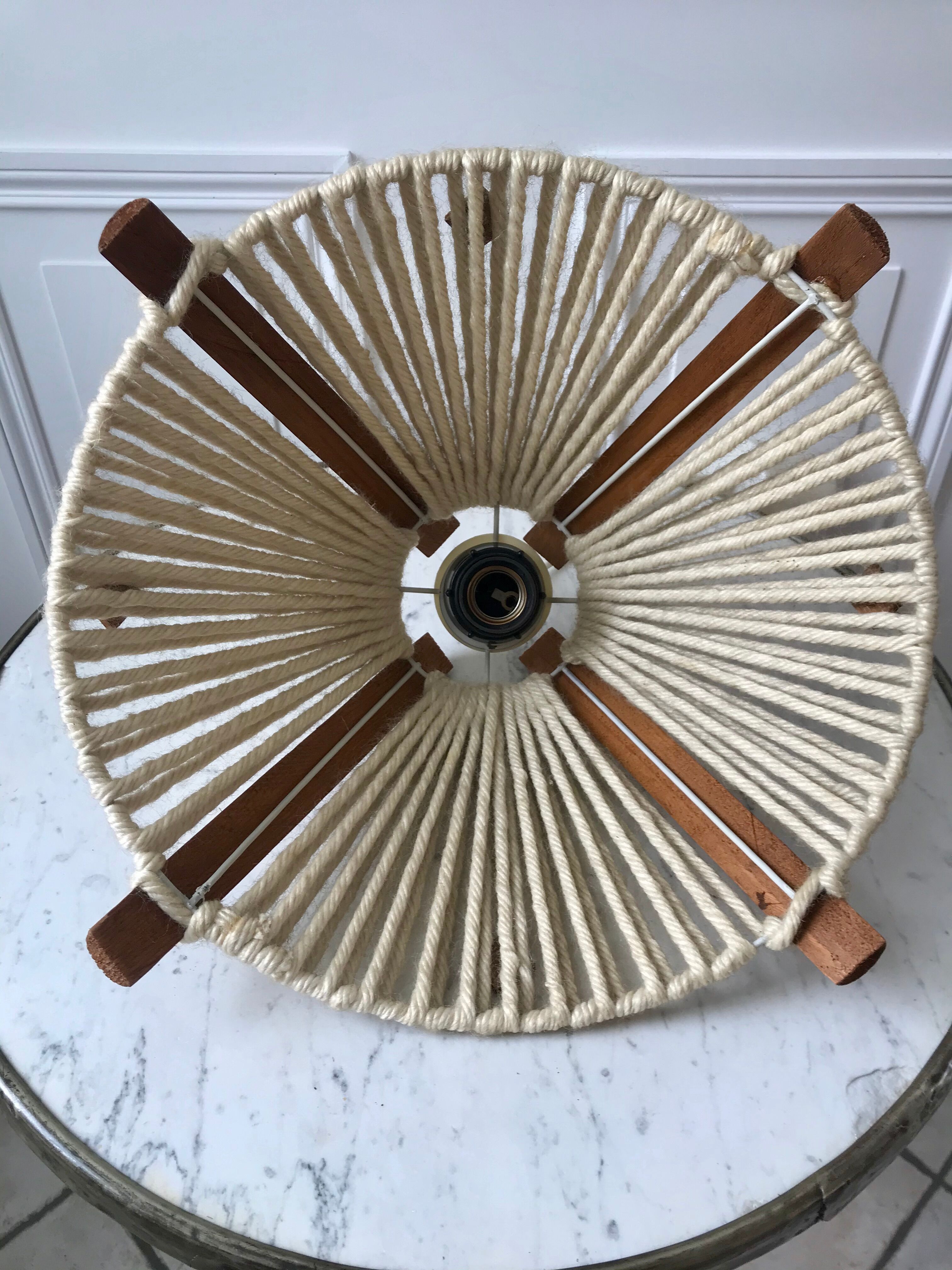 Scandinavian suspension lamp in wood and wool made in gdr 60s