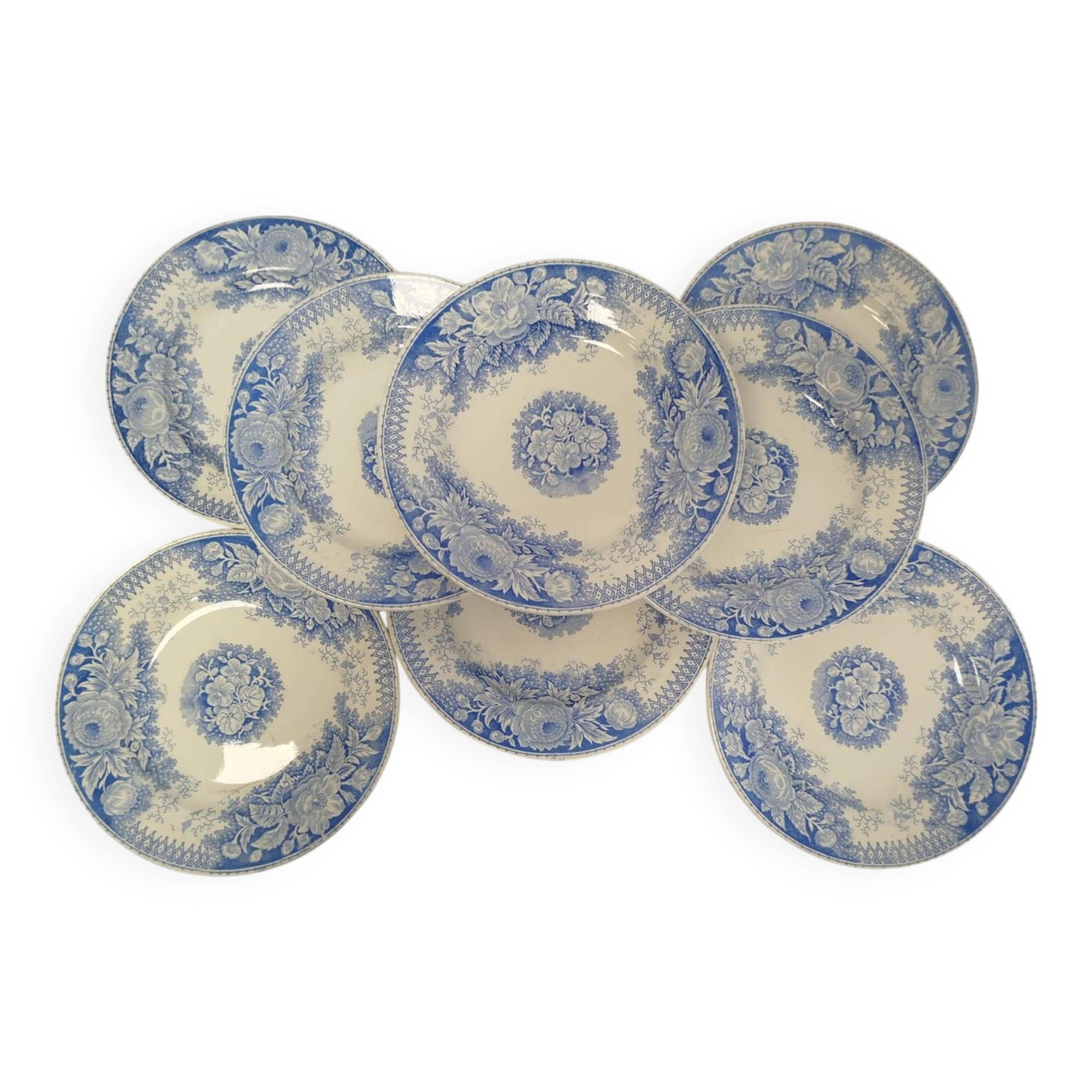 Set of 8 Sarguemines Jardinières plates - Blue and White Pansies
