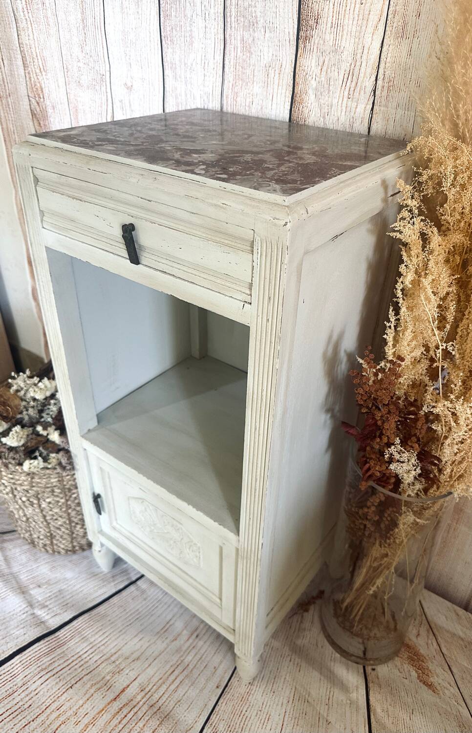 White patinated bedside table with a marble top