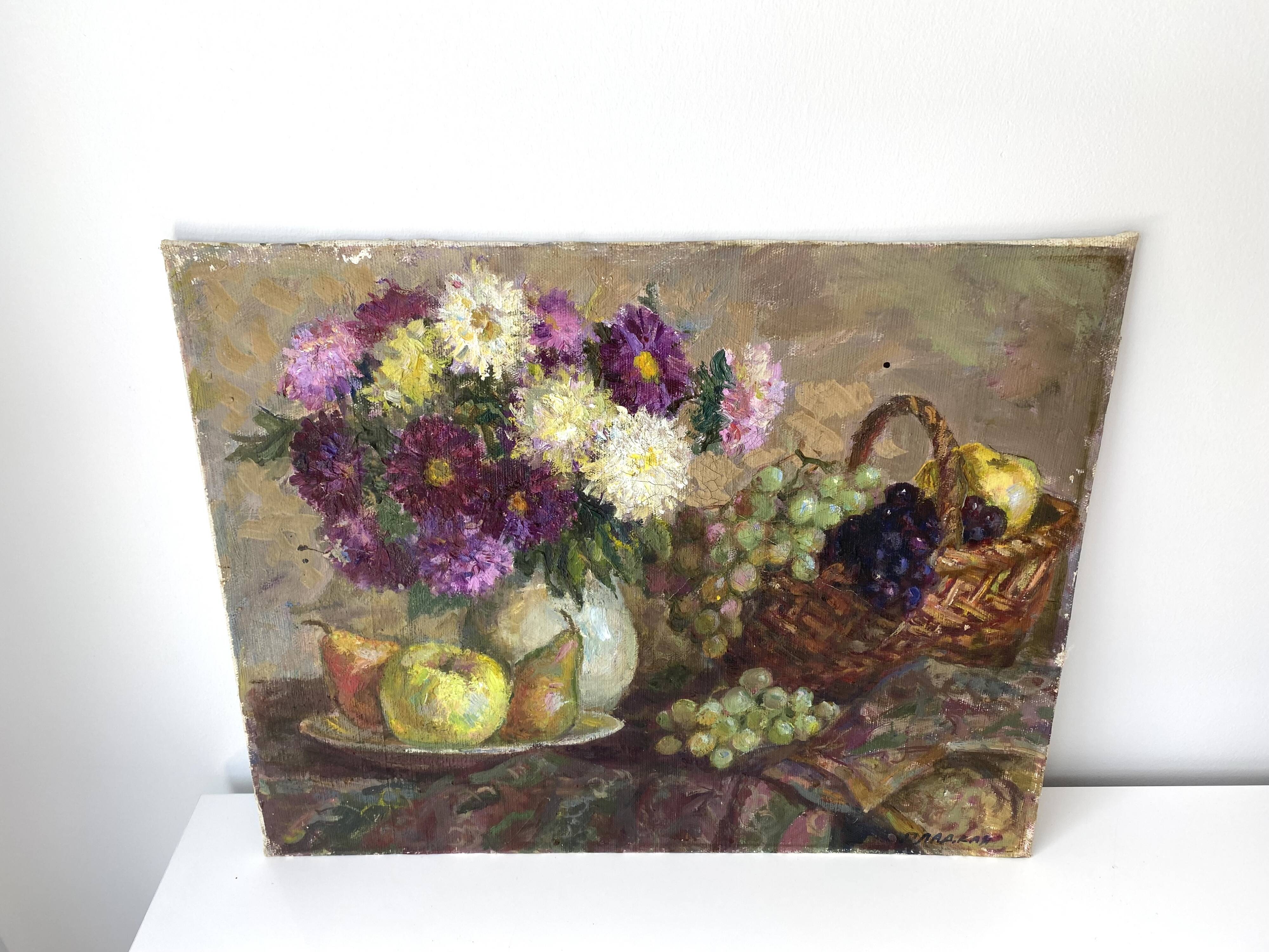 Nature morte à l'huile sur toile signée Gladkaya, peinture de fleurs et fruits années 60