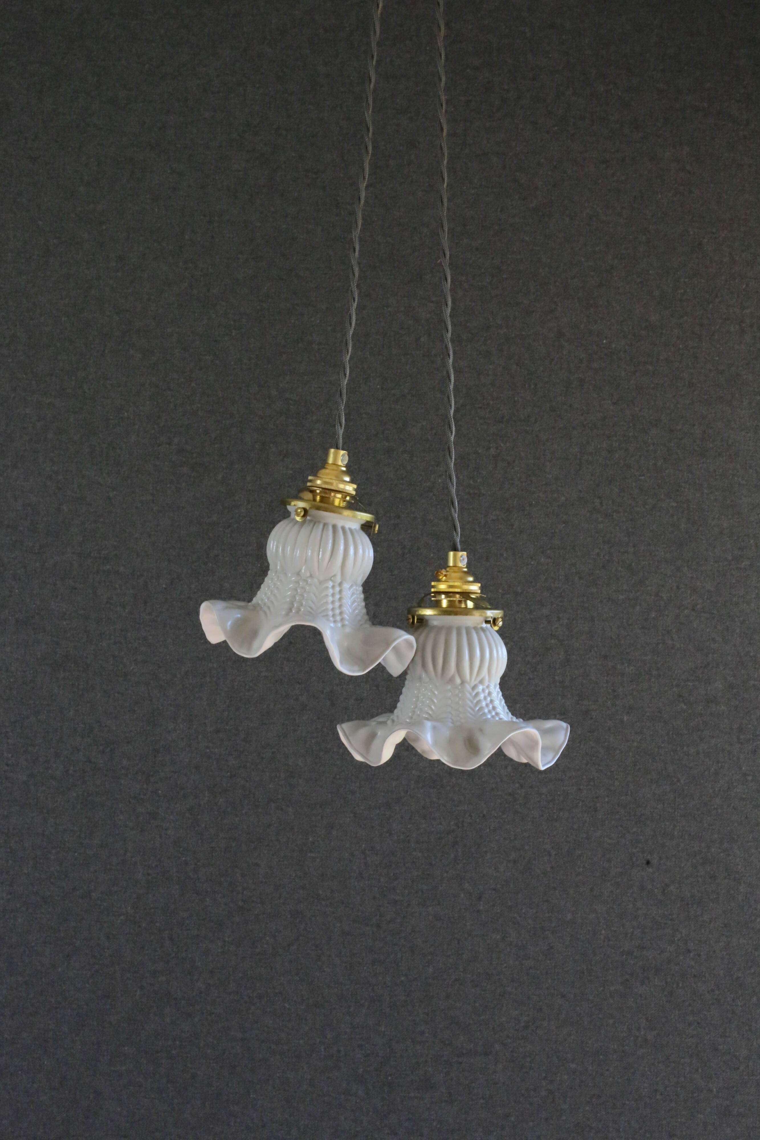 A set of two old pendant lights painted in gray and white, delivered with cable and nf socket