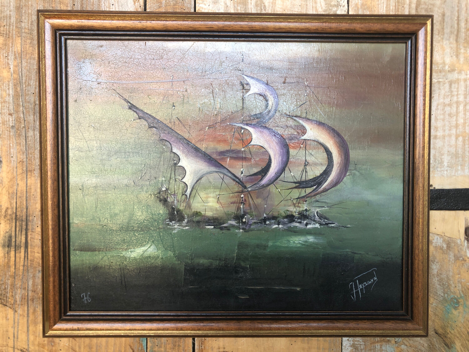Oil painting on canvas j. peyraud view boats + wood frame #a219
