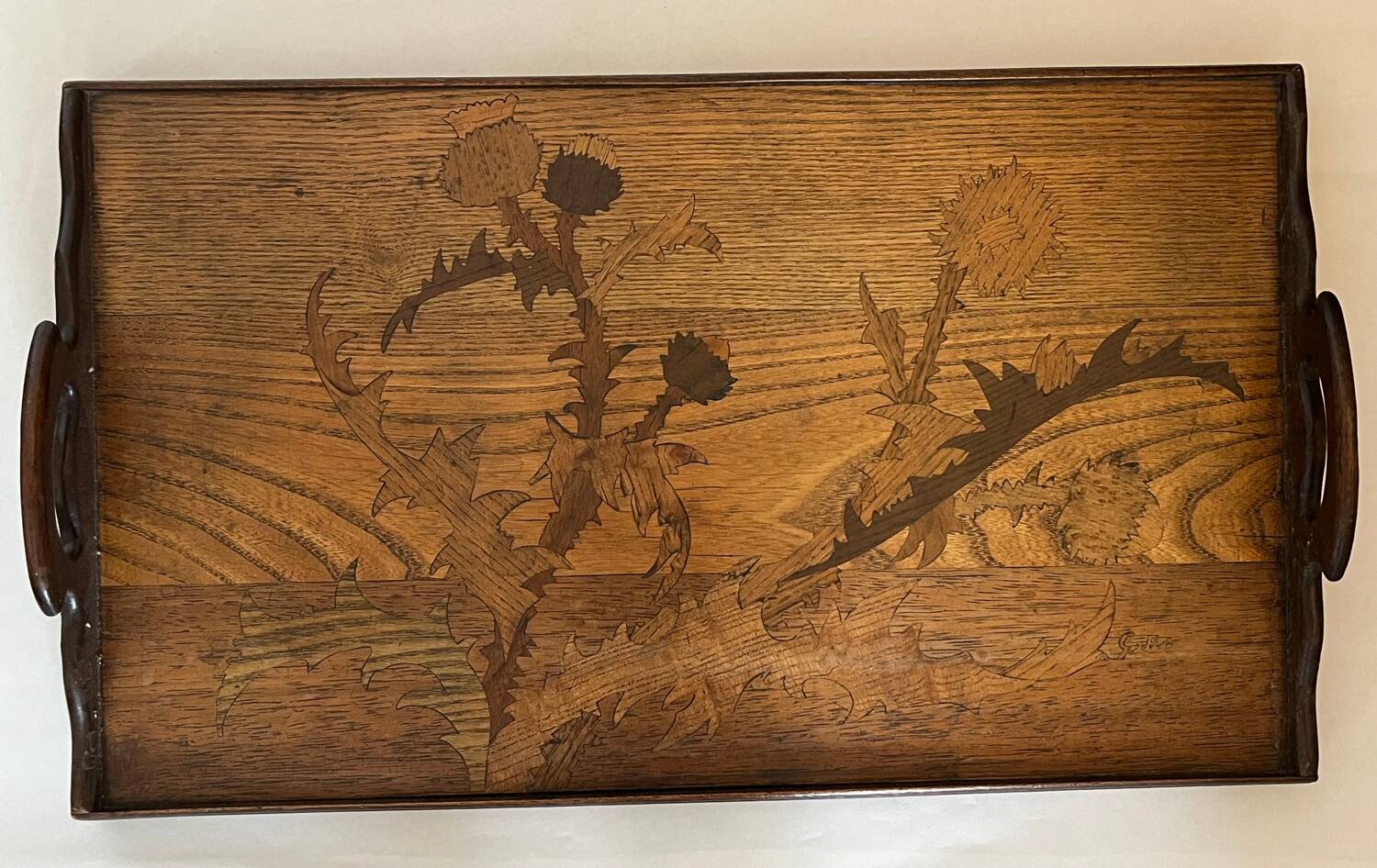 Antique wooden tray with marquetry signed Gallé