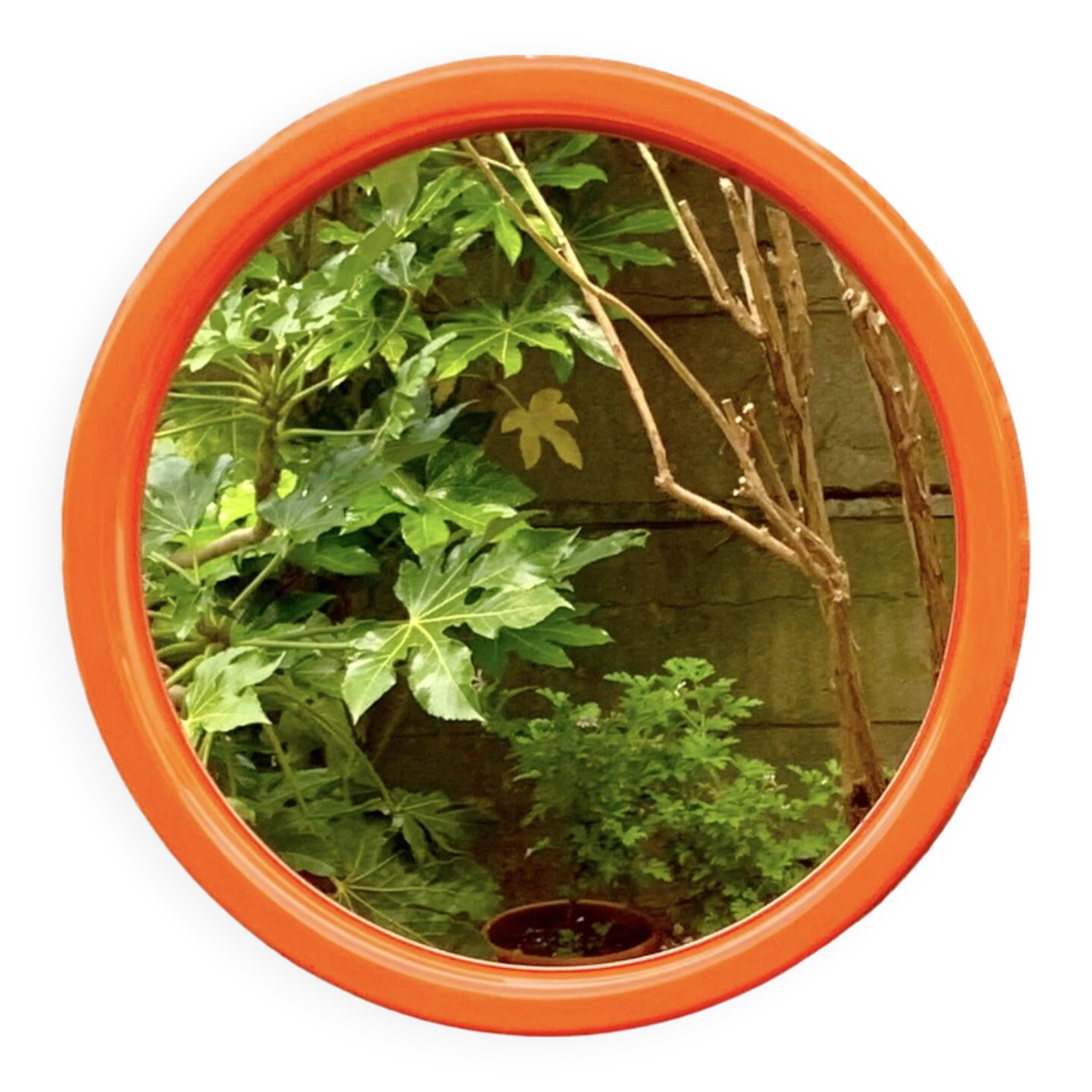 Vintage round wall mirror in orange plastic - diameter: 46 cm