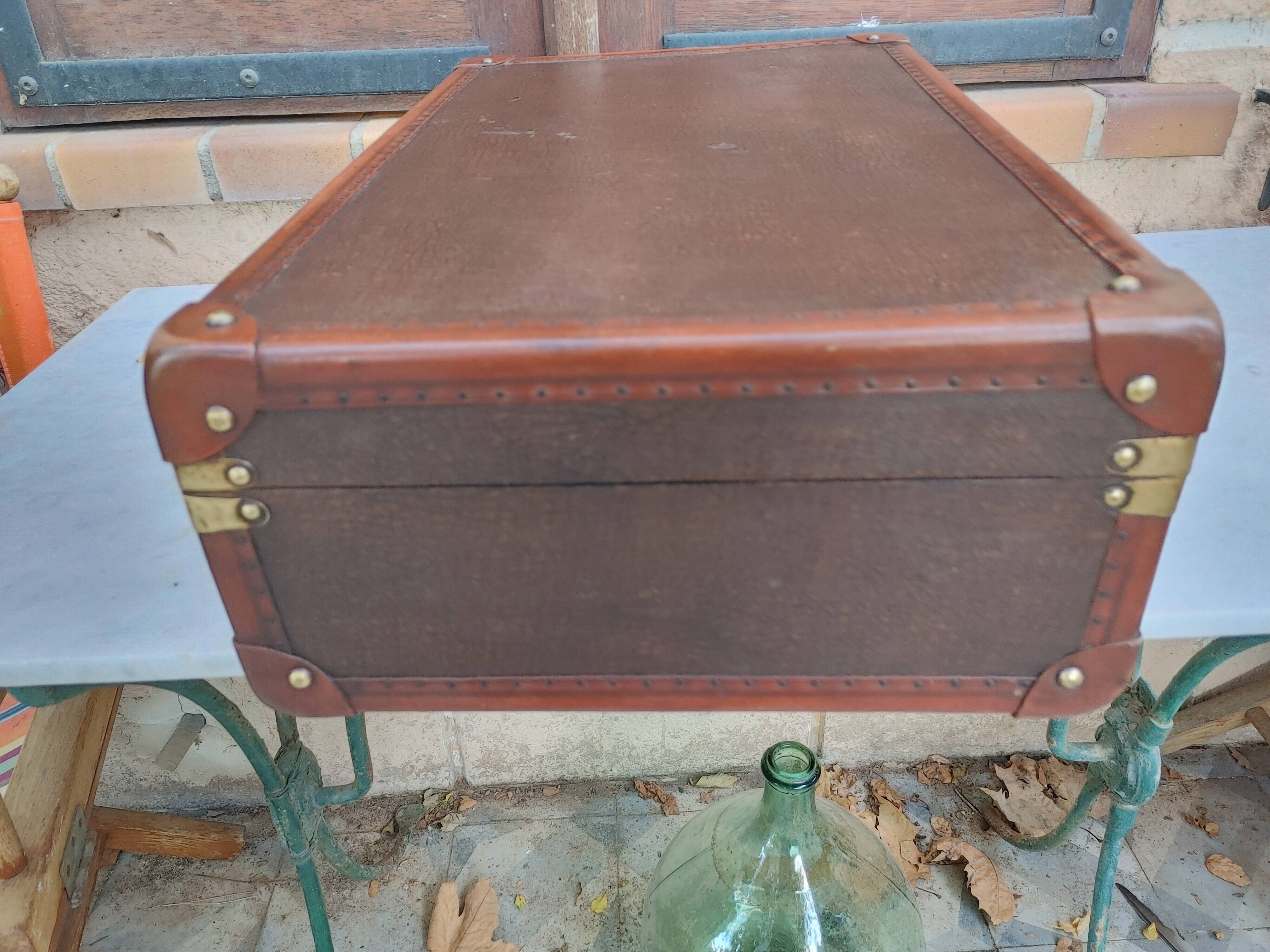 Old suitcase wood canvas leather & brass