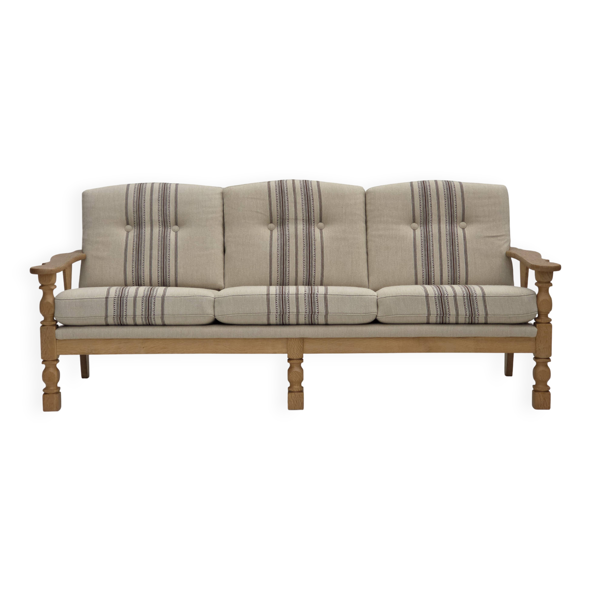 1970s, Danish 3-seater sofa, beige furniture wool, solid oak wood.