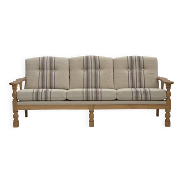 1970s, Danish 3-seater sofa, beige furniture wool, solid oak wood.