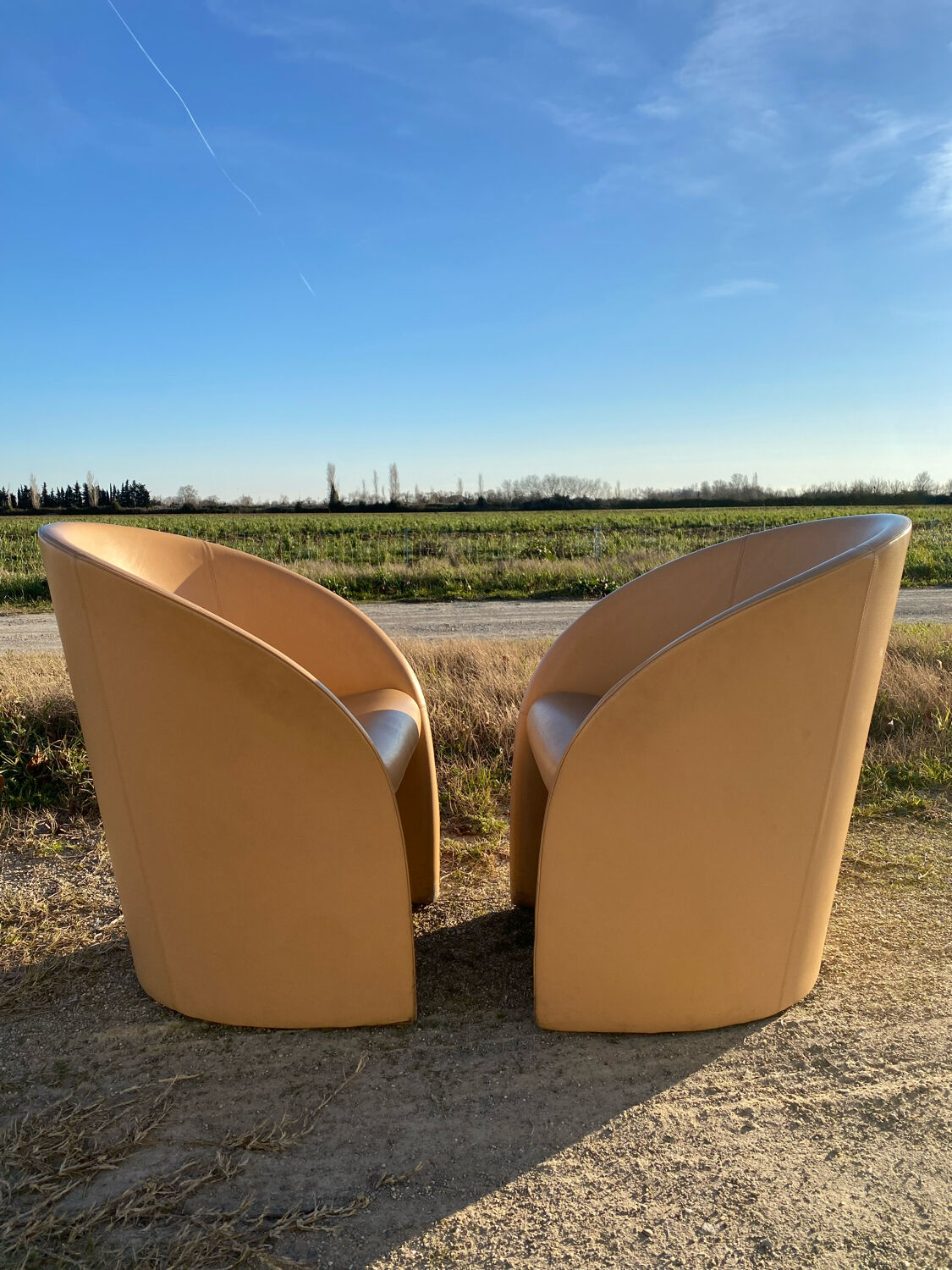 Pair of designer leather armchairs