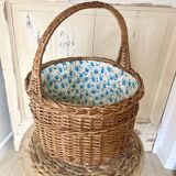 Wicker basket with waxed canvas blue flowers