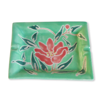 Cendrier en faïence vert et corail motifs de fleurs années 60