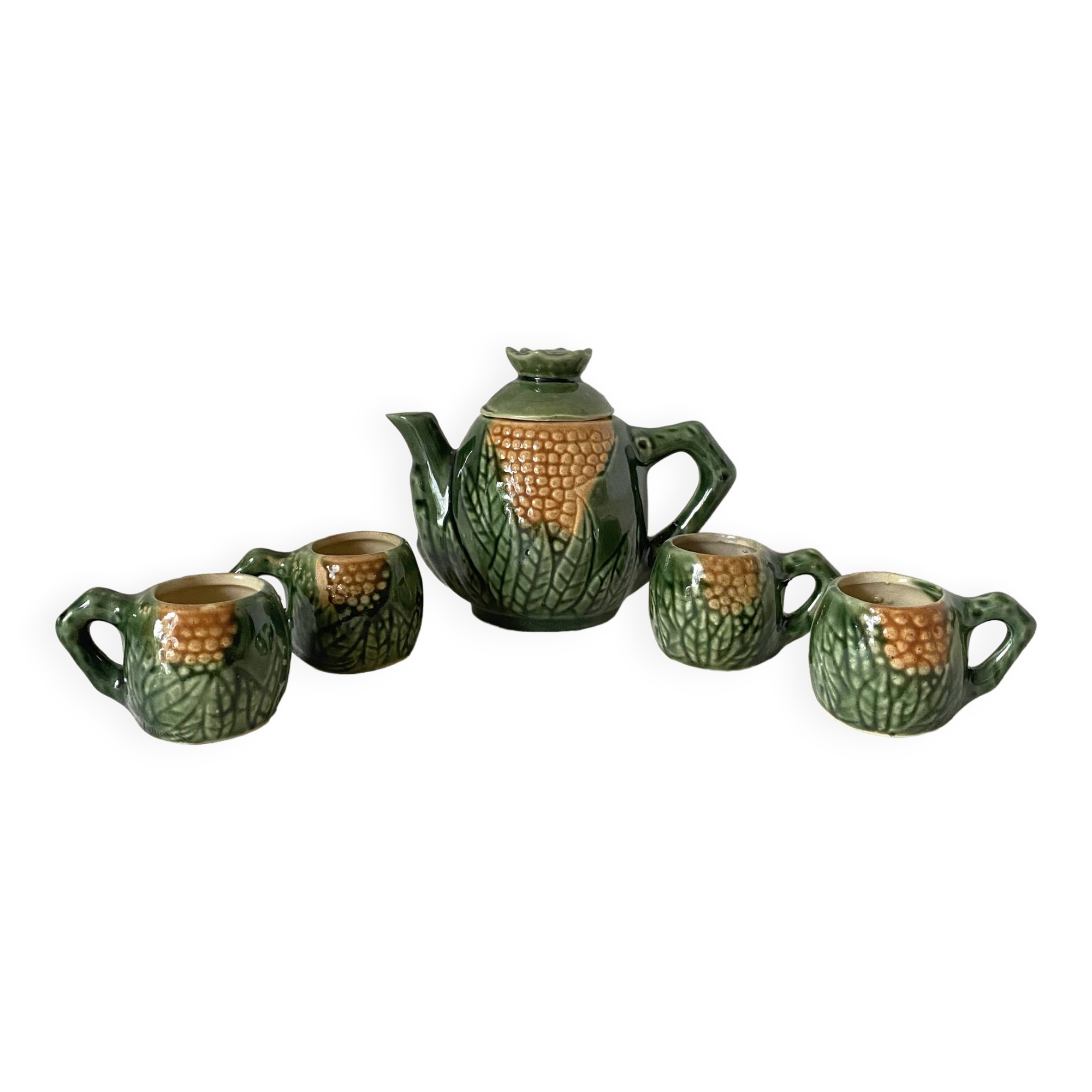 Théière et tasses en barbotine Maïs