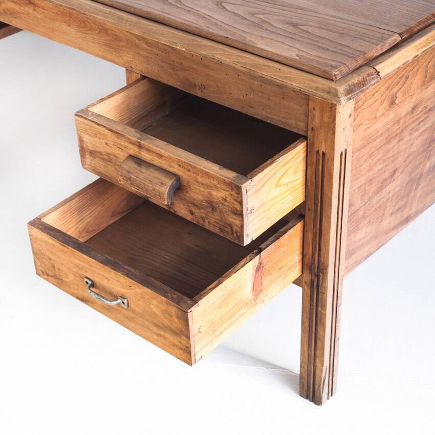 Large vintage two-seater desk. Solid chestnut wood. Restored. France, 1940s