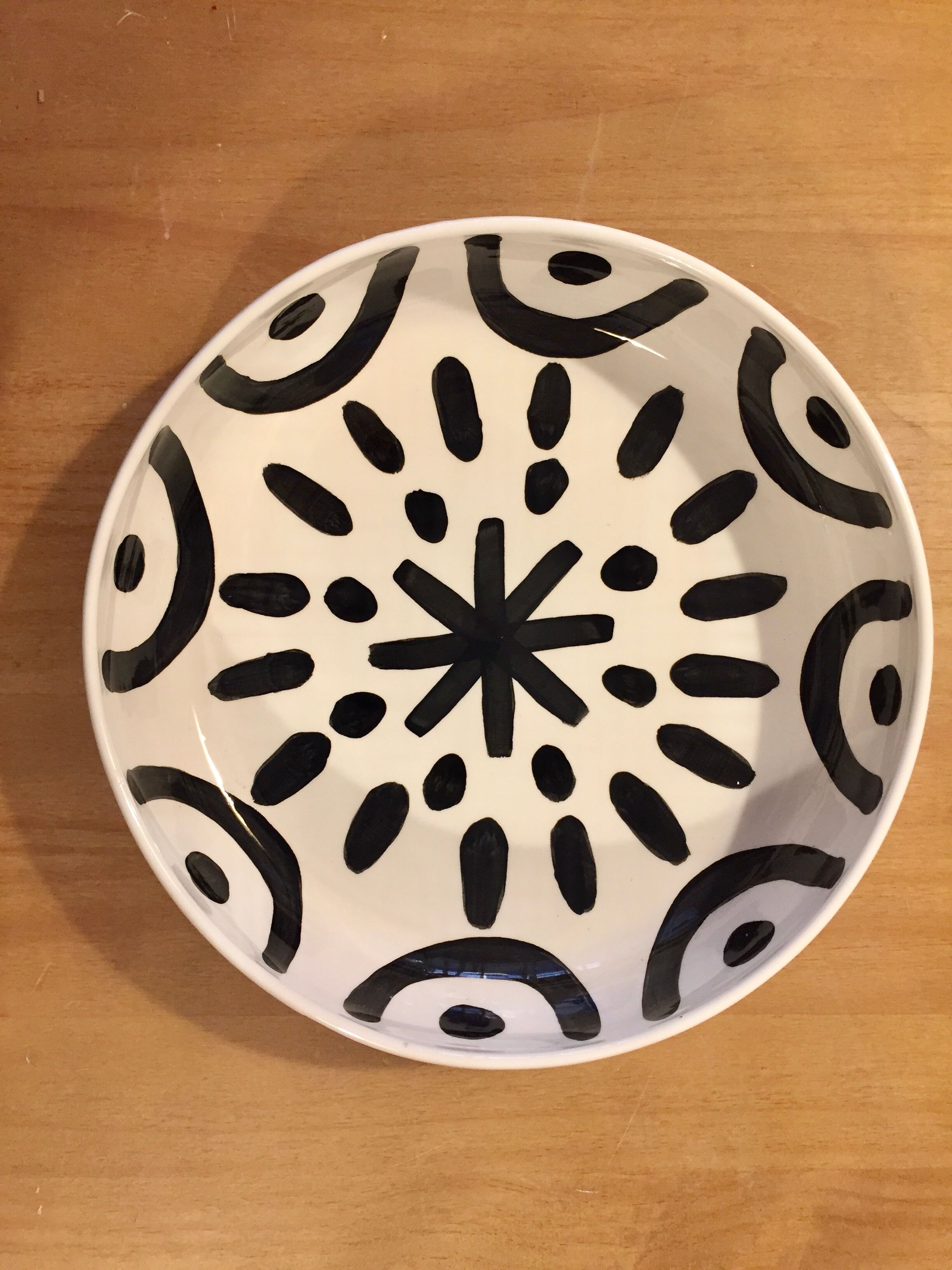 Large ceramic salad bowl painted by hand black and white