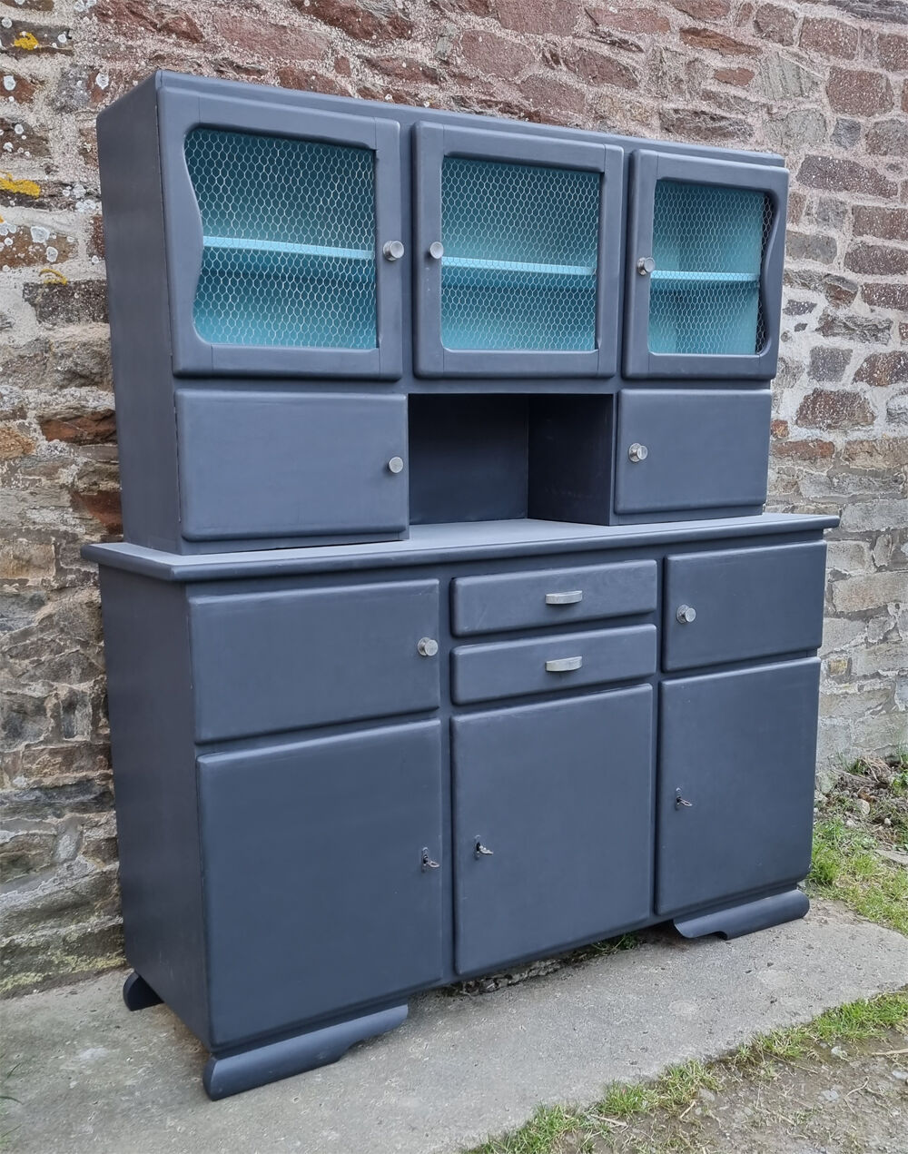 Vintage Mado sideboard, grey restyled, blue interior, 50s