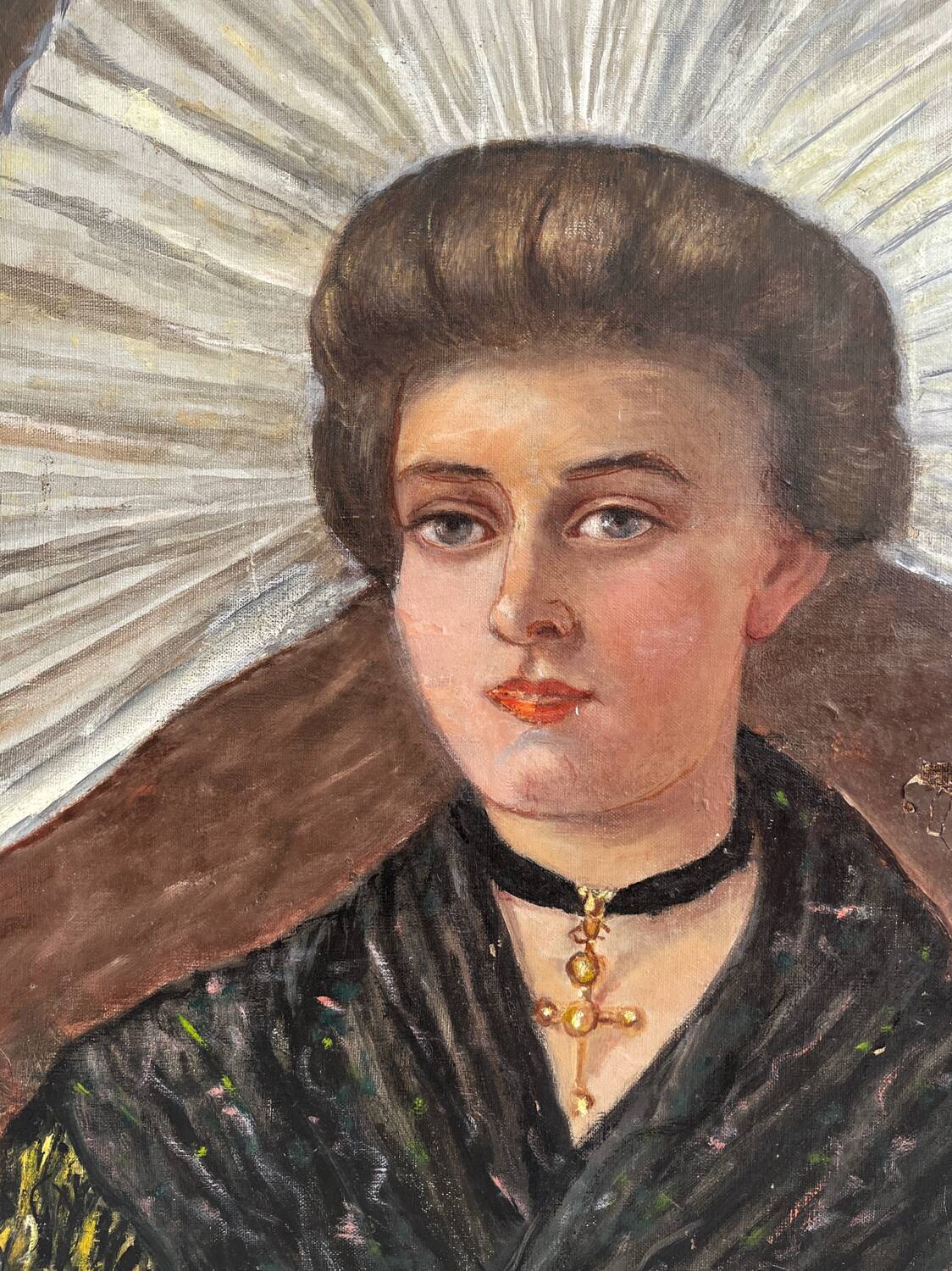 Old oil painting on canvas portrait of a woman in traditional costume