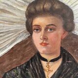 Old oil painting on canvas portrait of a woman in traditional costume