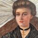 Old oil painting on canvas portrait of a woman in traditional costume