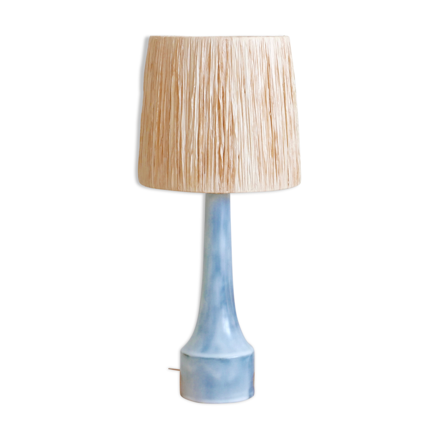 Signed pale blue ceramic lamp, raffia lampshade, 60s