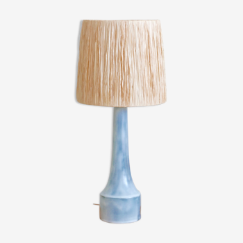 Signed pale blue ceramic lamp, raffia lampshade, 60s