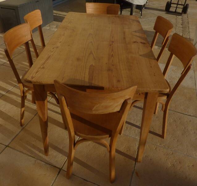 6 vintage Baumann wooden bistro chairs in their patina
