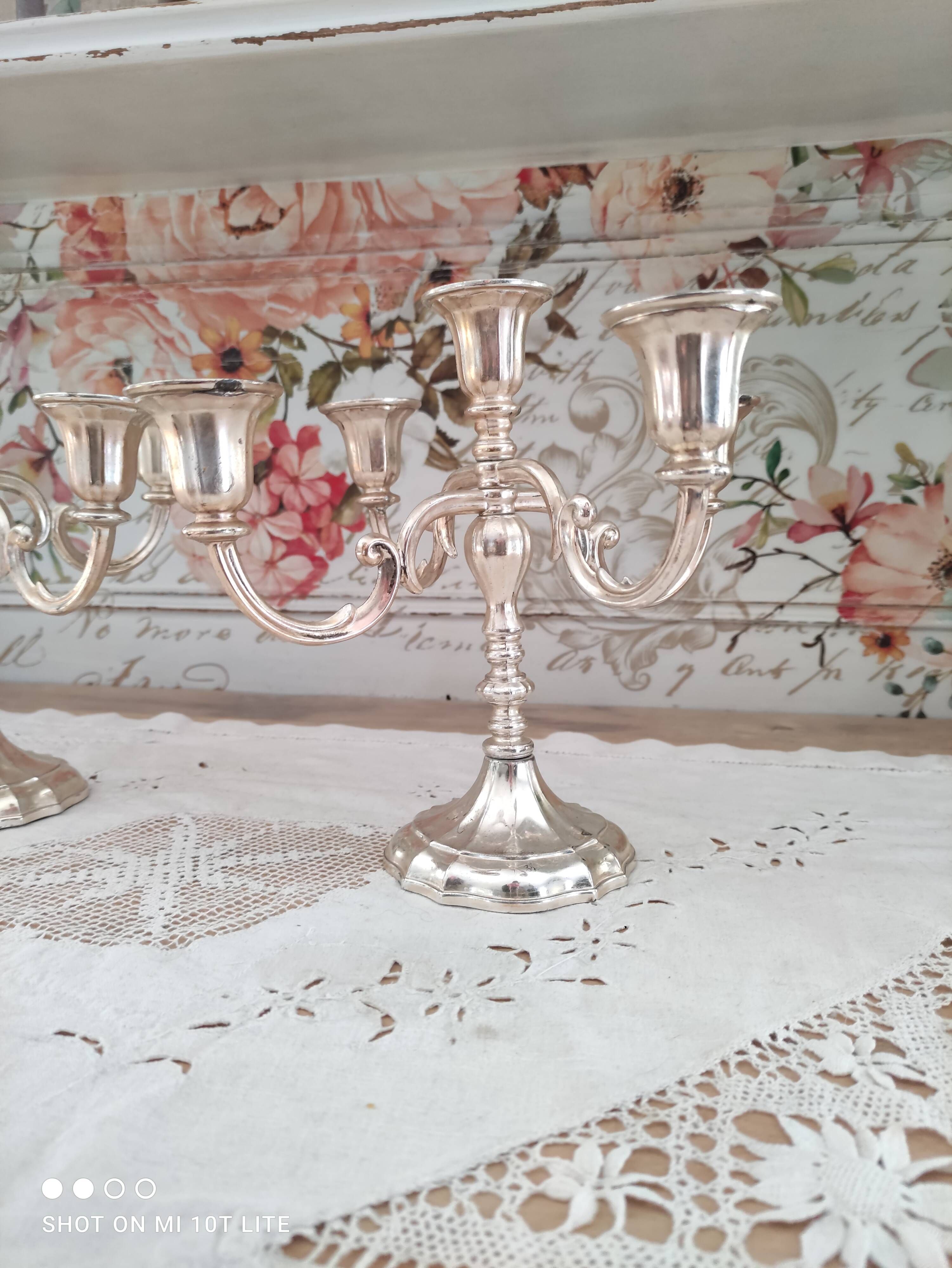 Set of 2 5-branched candlesticks in silver metal Versilbert 1950s