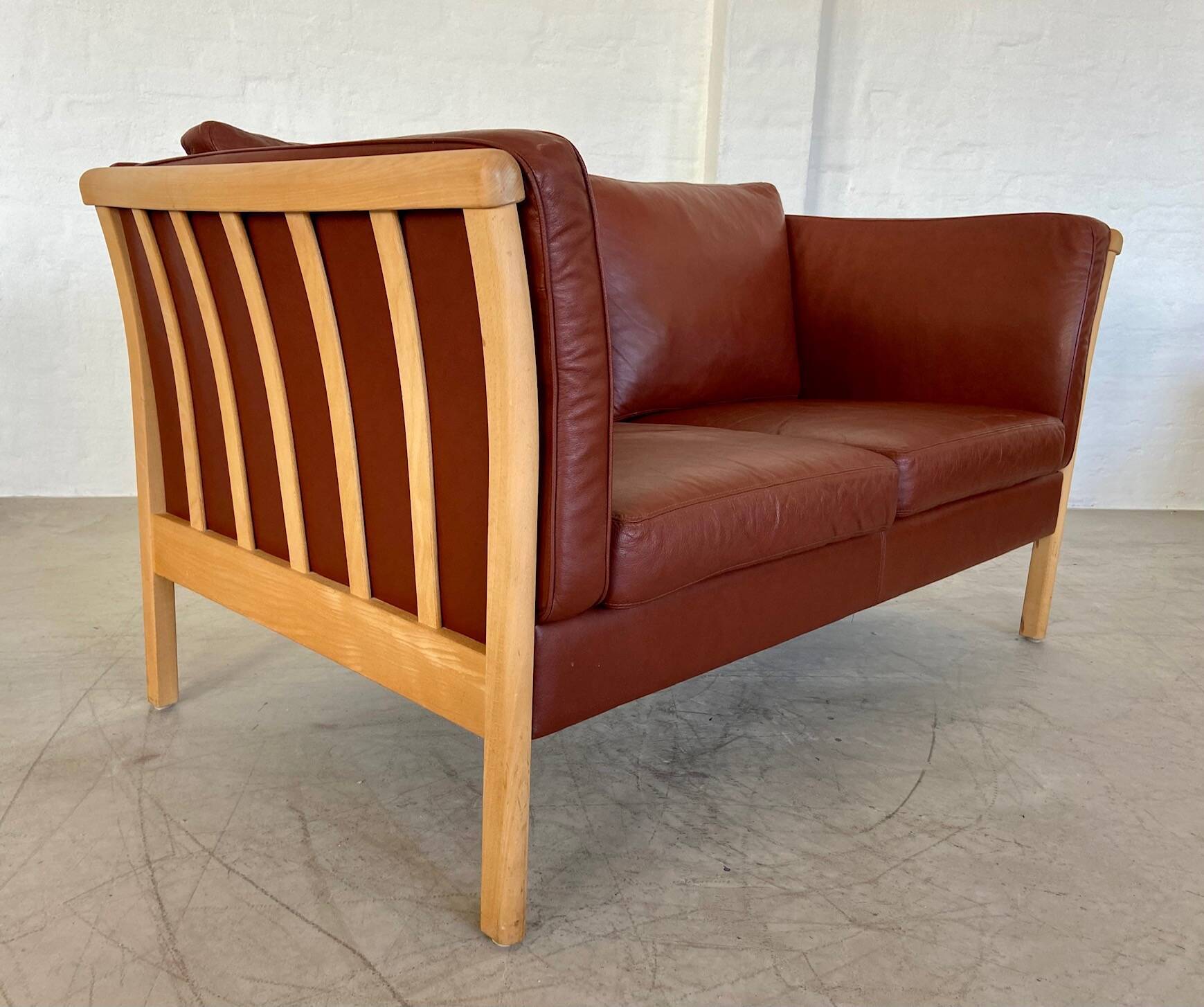 VINTAGE DANISH MID CENTURY DARK COGNAC LEATHER 2 SEATER STOUBY SOFA