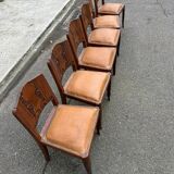 6 Art Deco gondola chairs in solid oak with brown leatherette, 1930s.